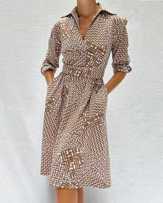 Vintage 1970s Long Sleeve Printed Jersey Dress | S