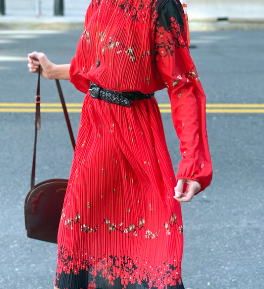 Vintage 1970s Plissé Cherry Blossom Dress