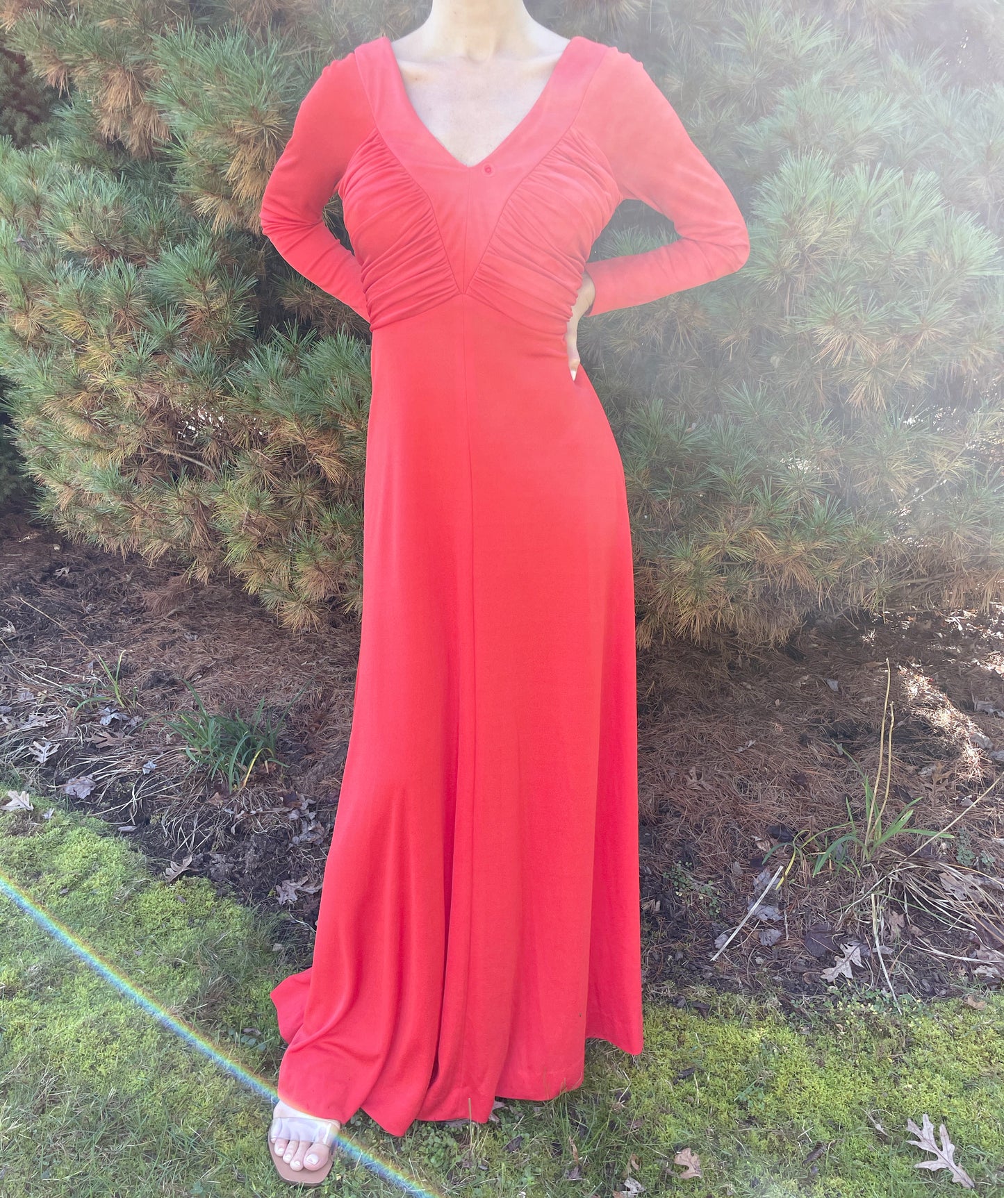 1970s Orange Ruched Jersey Maxidress