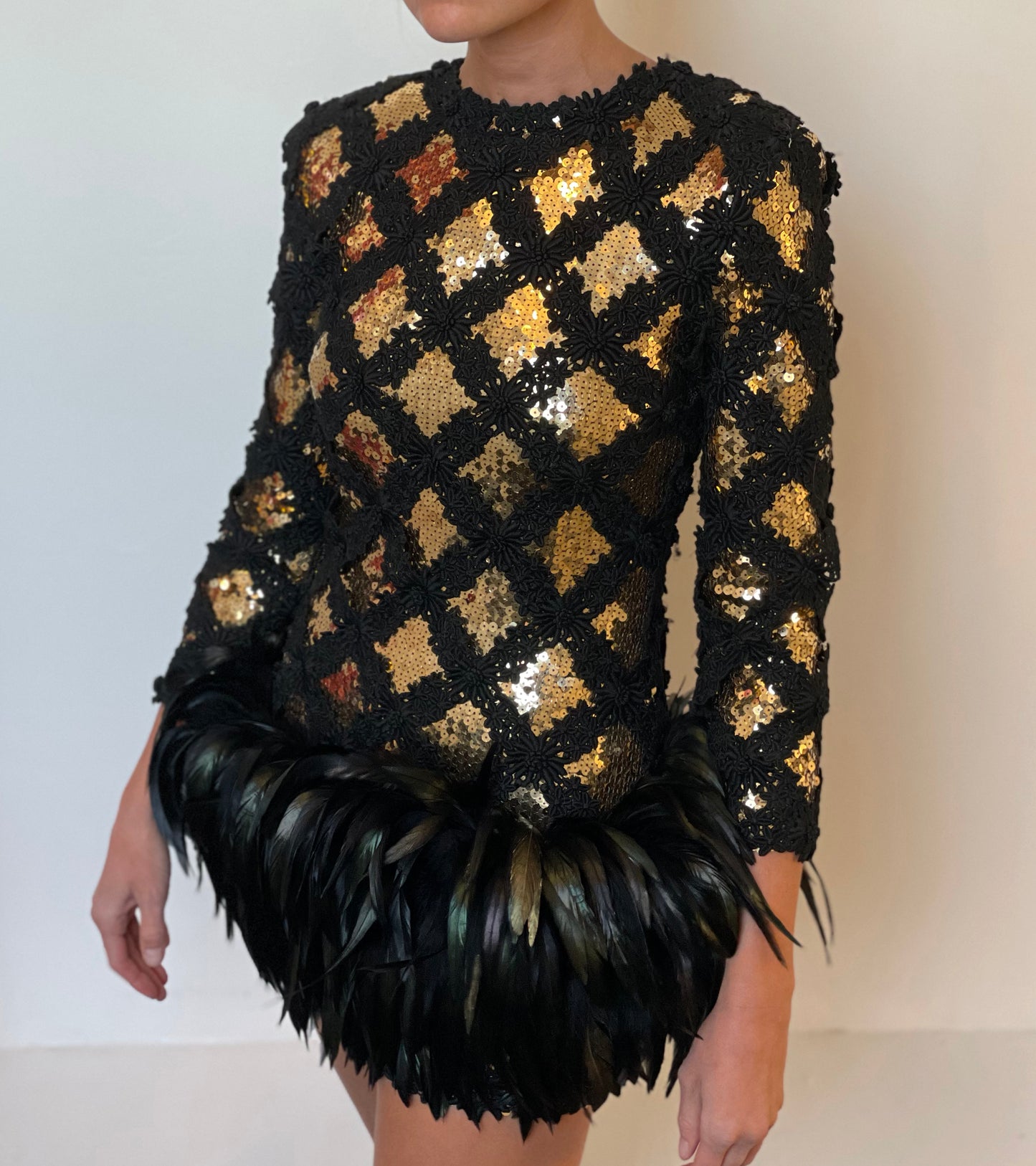 1980s PETER KEPPLER SEQUIN EMBELLISHED DRESS WITH FEATHERS