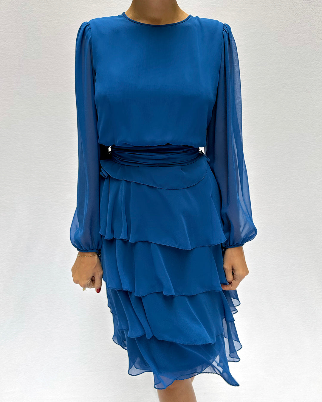 Vintage Tiered Chiffon Long Sleeve Dress