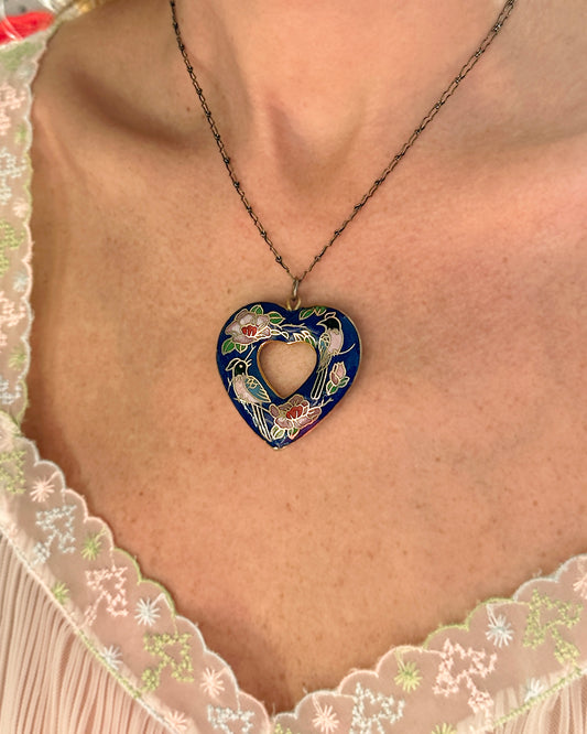 Vintage Chinese Cloisonné Heart Necklace