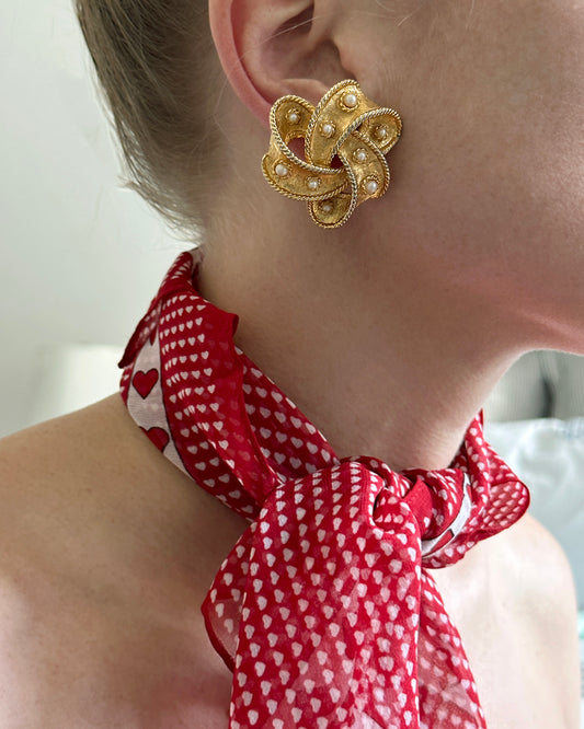 Vintage Pearl-Set Celtic Knot Ribbon Earrings