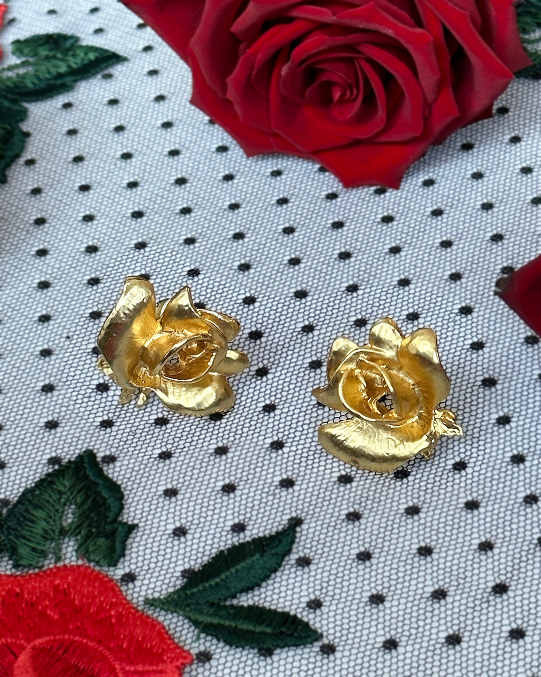 Vintage Gold Rose Sculptural Earrings