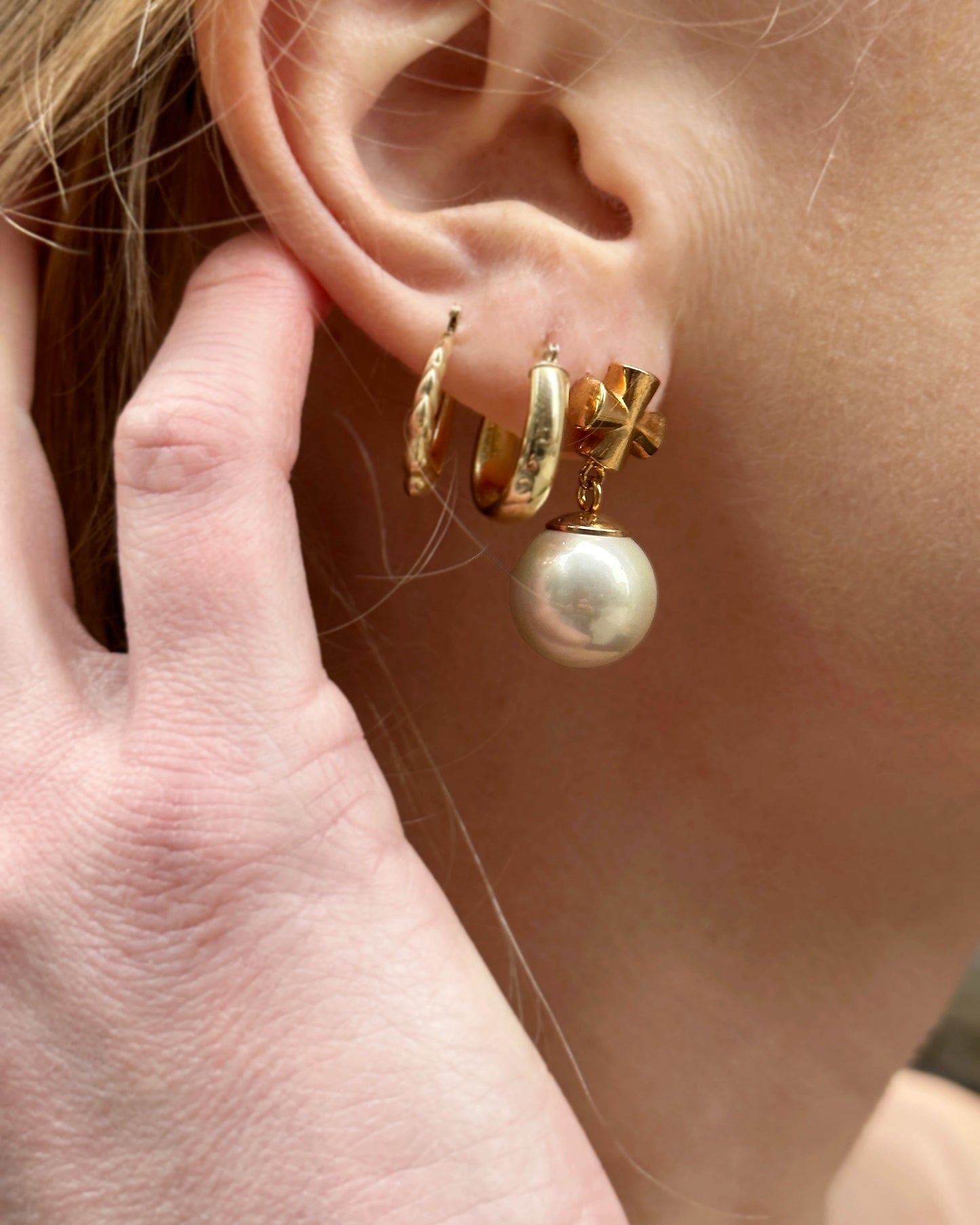 Vintage Gold Cross + Pearl Drop Earrings