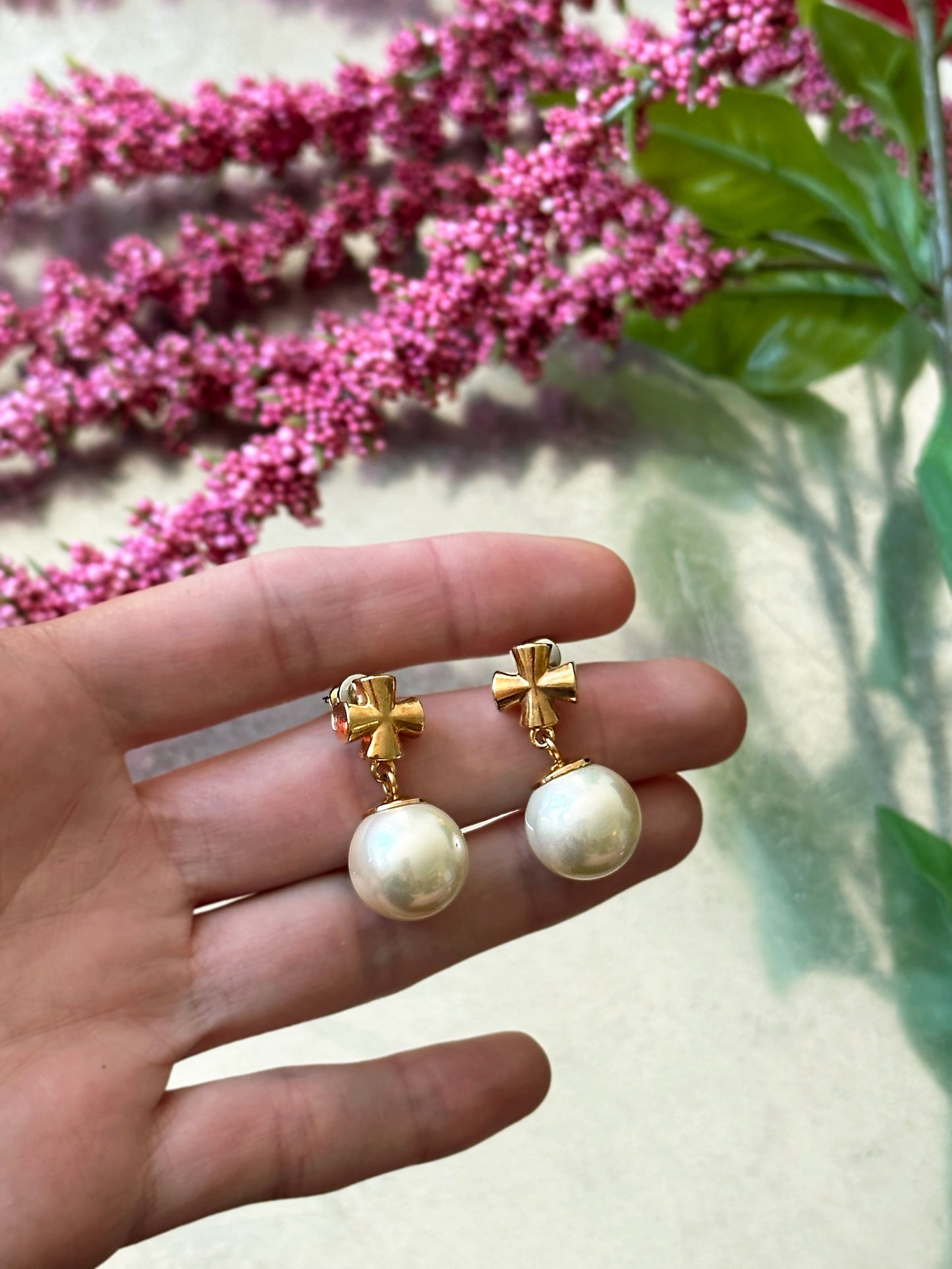 Vintage Gold Cross + Pearl Drop Earrings