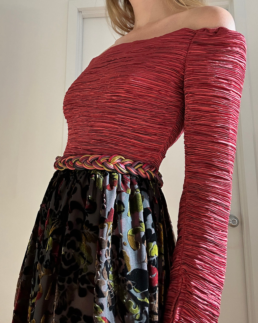 Vintage Mary McFadden Couture Off-the-Shoulder Gown