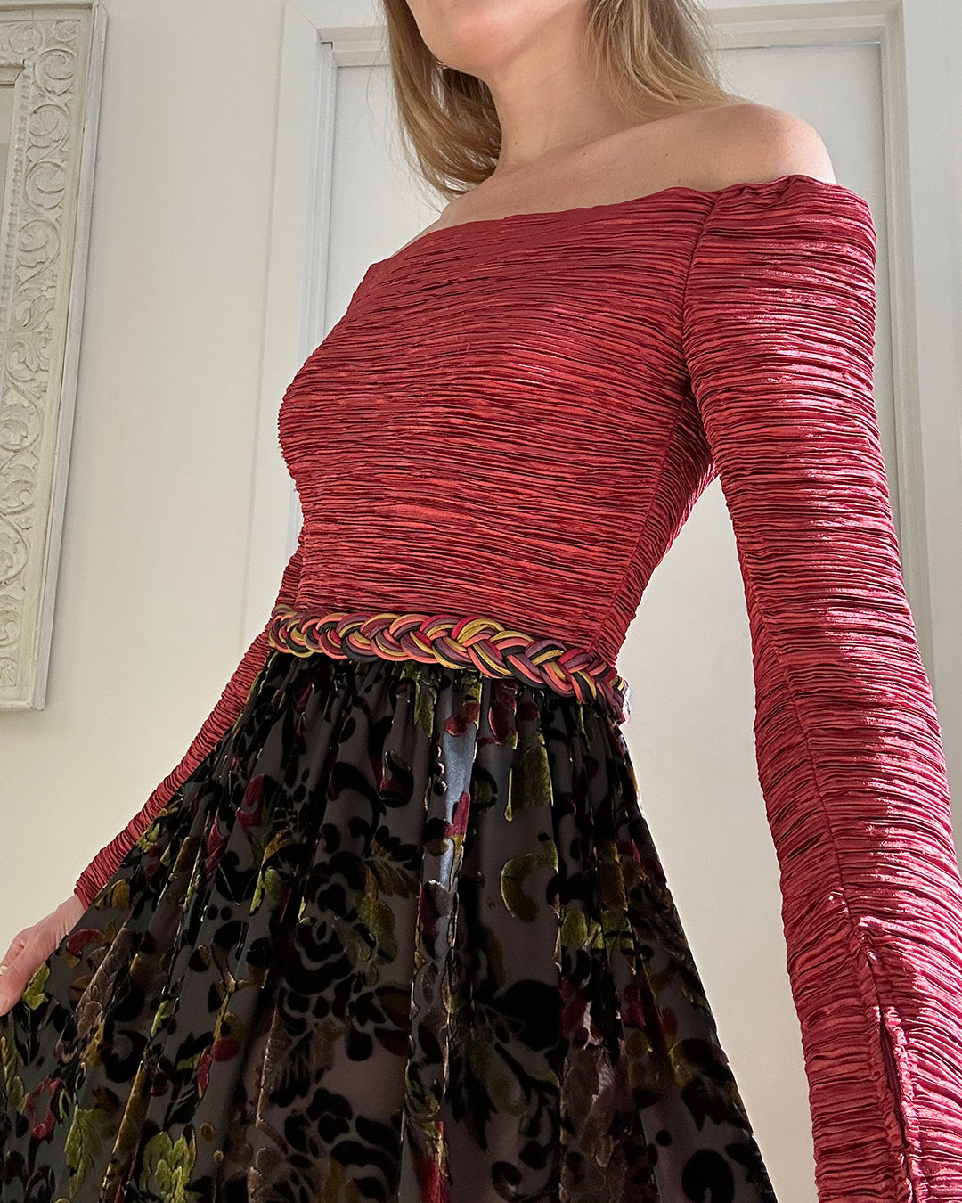 Vintage Mary McFadden Couture Off-the-Shoulder Gown