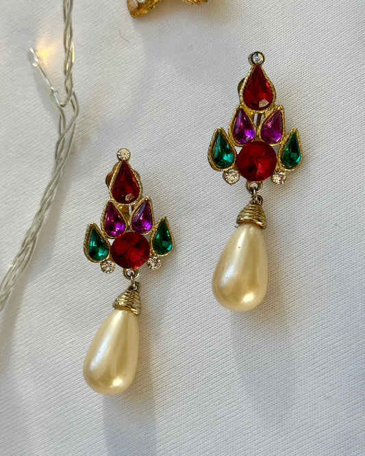 Vintage 1980s Multicolor Pearl Drop Statement Earrings