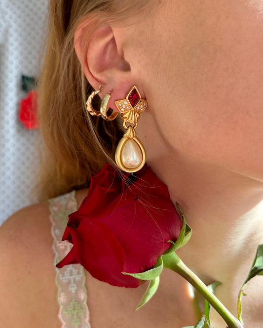 Vintage Ruby Paste Pearl Drop Earrings