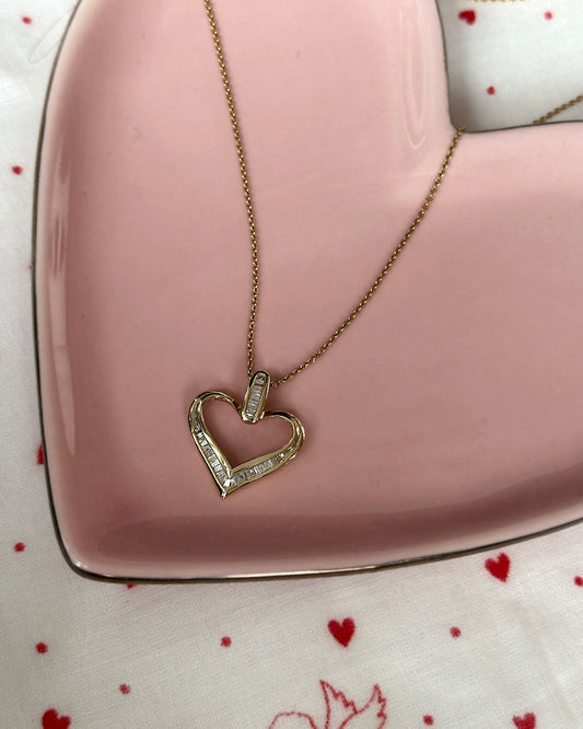 Vintage Baguette Diamond 10k Gold Heart Pendant